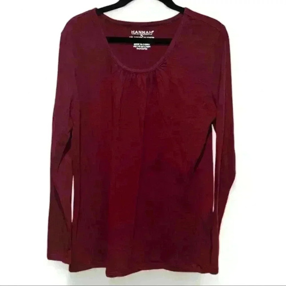 Hannah Tops - Hannah Women's  Long Sleeve Maroon Blouse Round Neck Size Petite Lg